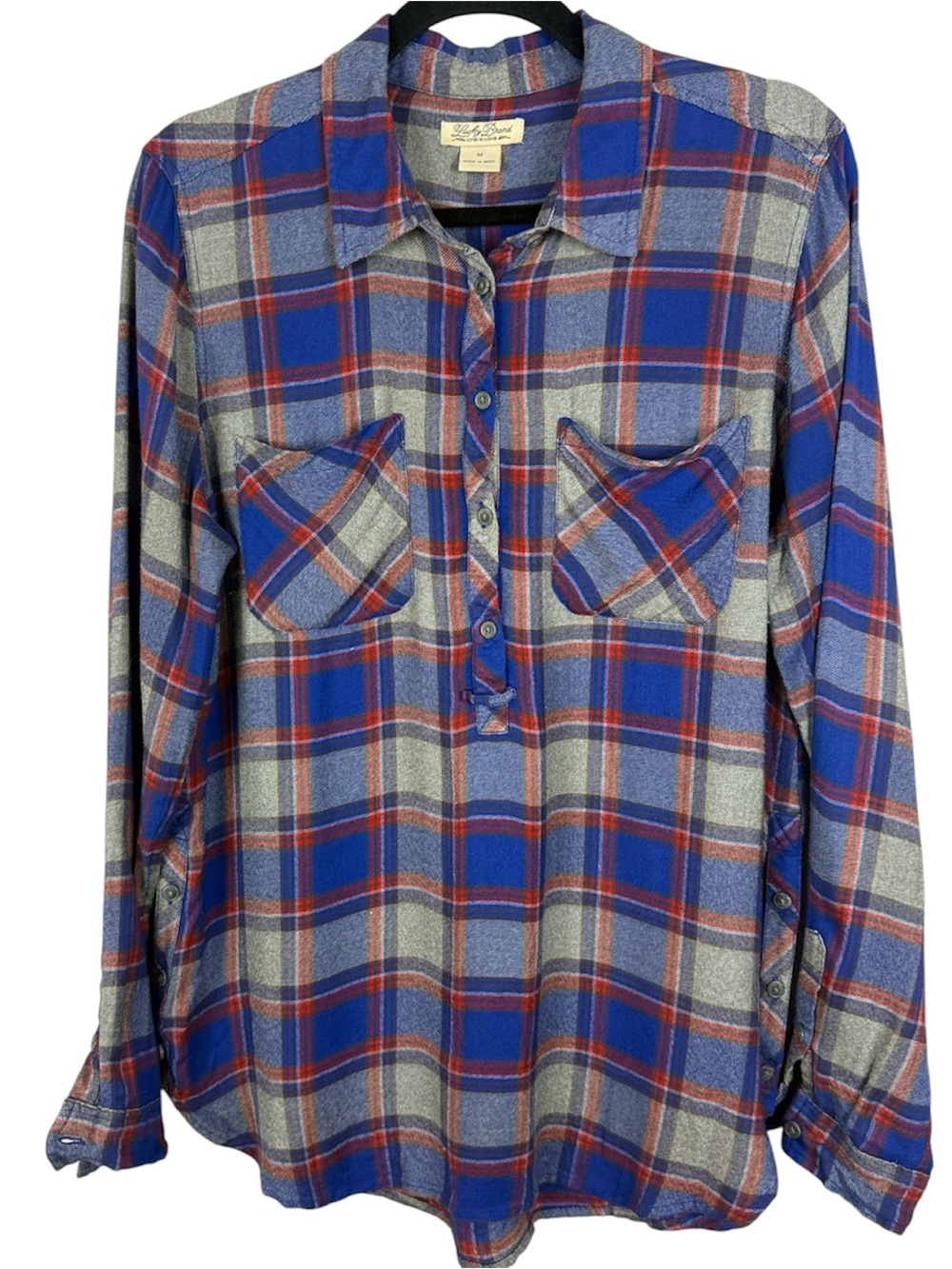 Lucky Brand Plaid Flannel Pullover Tunic Top Medium Blue Gray Red